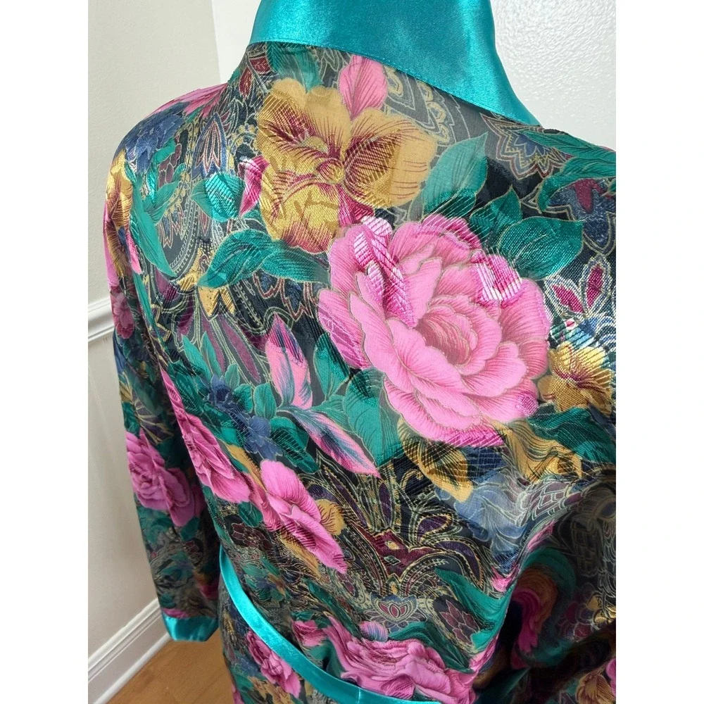 Inner Most Sears Vintage Long Floral Kimono Robe Teal‎ Trim Sheer Women Size L
